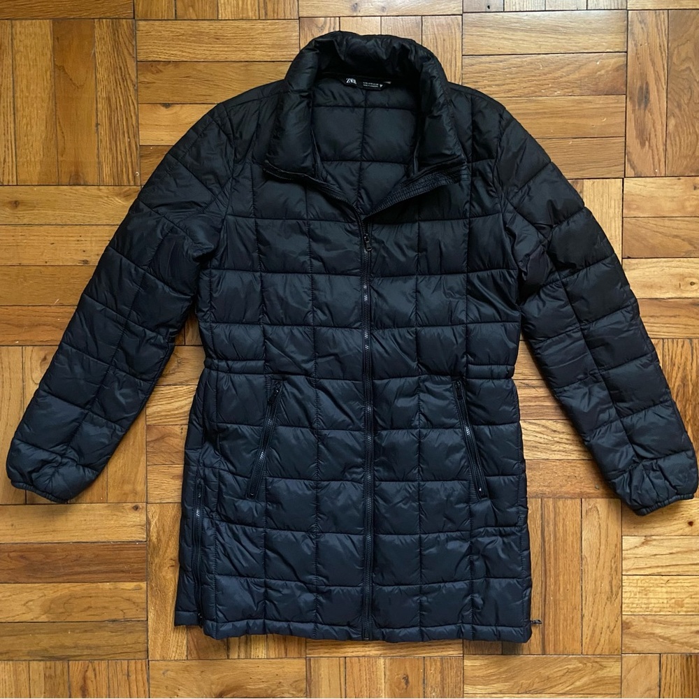 Zara Black Long Lightweight Packable Hooded Nylon Quilted Puffer Jacket Small